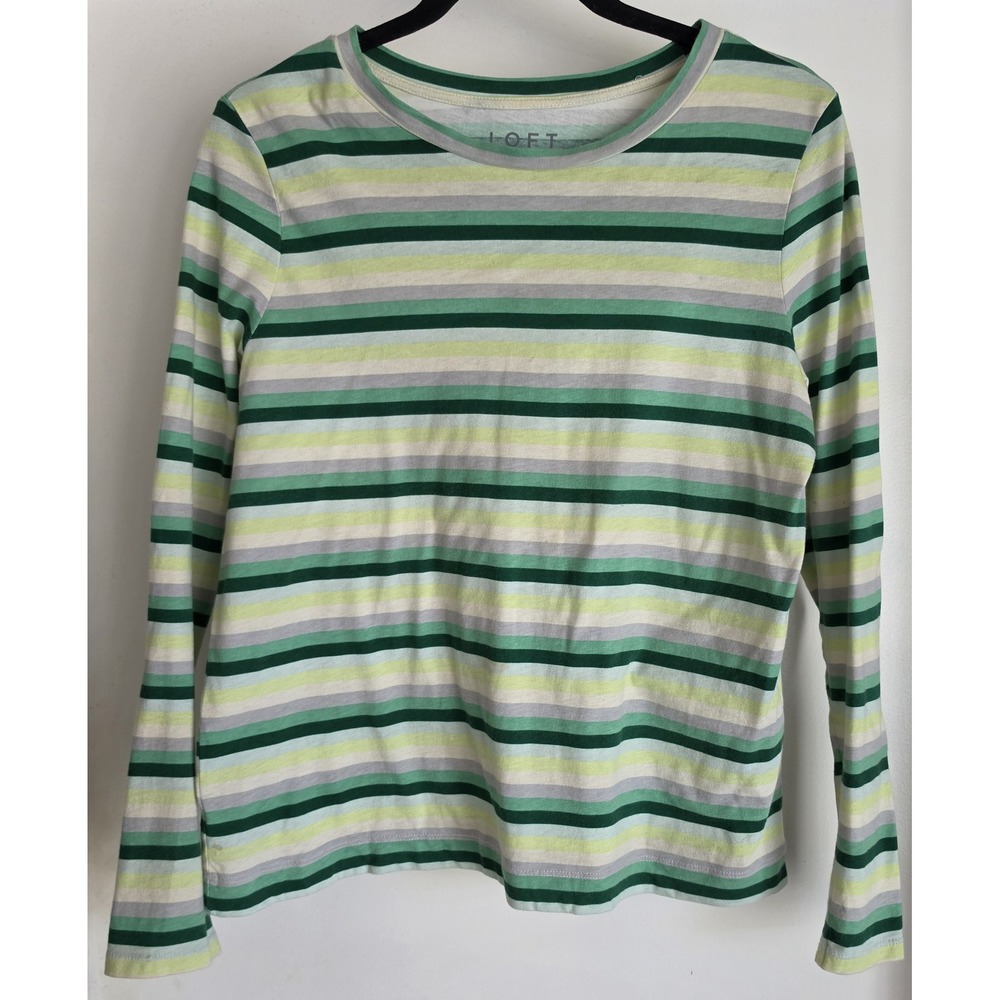 LOFT Women's Striped Long Sleeve Blouse Top M Green Cotton Shirt Retro
